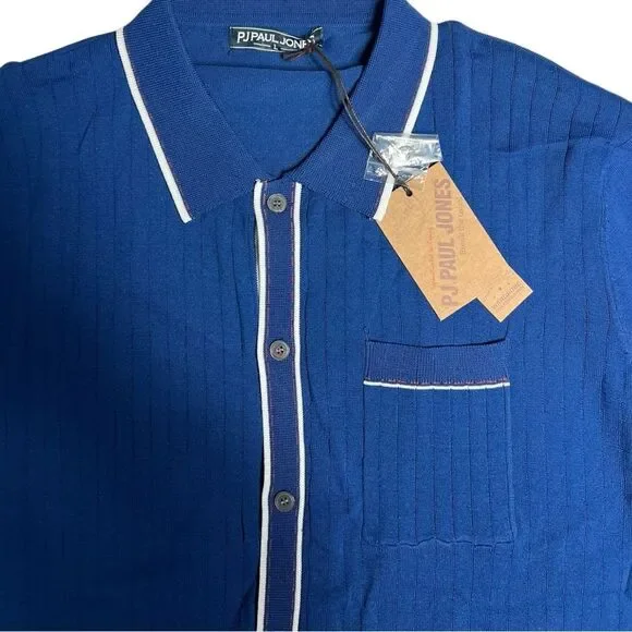 Paul Jones Knit Button Polo Shirt Navy Blue Men's Sz Large Retro Mod Travel Golf - Picture 3 of 9